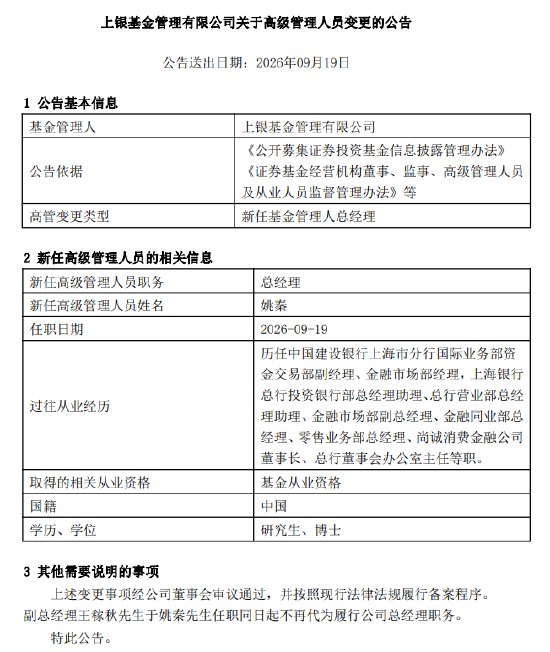 上银基金总经理落定:上海银行老将姚秦接棒 能否破解固收“独大”格局